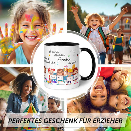 SEO. Bedruckte Tasse mit Spruch Erzieher/in Abschied mit Schildern für bis zu 10 Namen - Rot Linkreich