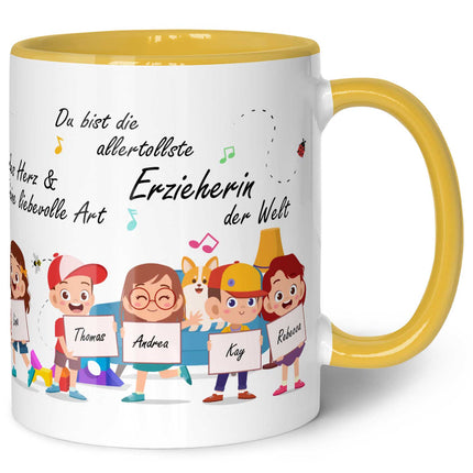 SEO. Bedruckte Tasse mit Spruch Erzieher/in Abschied mit Schildern für bis zu 10 Namen - Rot Linkreich
