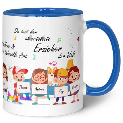 SEO. Bedruckte Tasse mit Spruch Erzieher/in Abschied mit Schildern für bis zu 10 Namen - Blau Linkreich