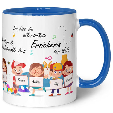 SEO. Bedruckte Tasse mit Spruch Erzieher/in Abschied mit Schildern für bis zu 10 Namen - Rot Linkreich