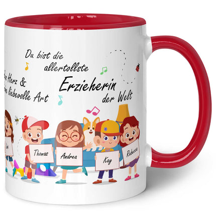 SEO. Bedruckte Tasse mit Spruch Erzieher/in Abschied mit Schildern für bis zu 10 Namen - Rot Linkreich