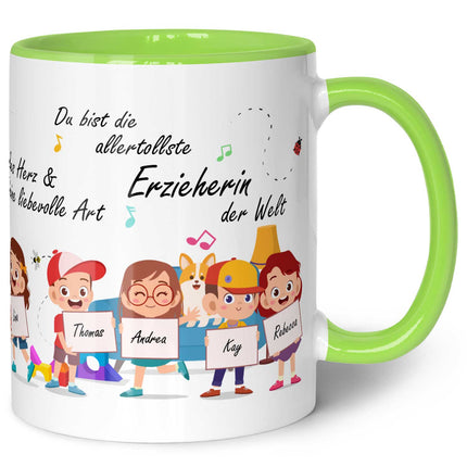 SEO. Bedruckte Tasse mit Spruch Erzieher/in Abschied mit Schildern für bis zu 10 Namen - Rot Linkreich