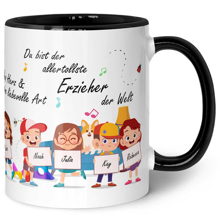 SEO. Bedruckte Tasse mit Spruch Erzieher/in Abschied mit Schildern für bis zu 10 Namen - Schwarz & Weiß Linkreich