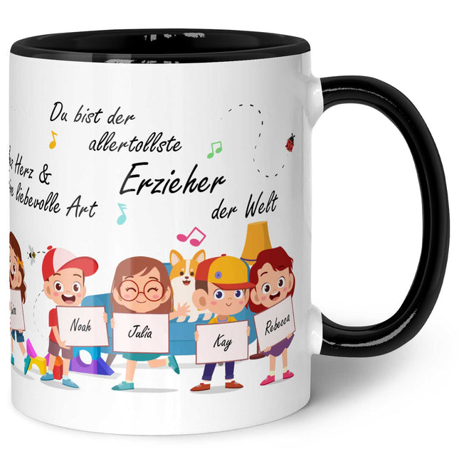 SEO. Bedruckte Tasse mit Spruch Erzieher/in Abschied mit Schildern für bis zu 10 Namen - Schwarz & Weiß Linkreich
