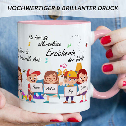 SEO. Bedruckte Tasse mit Spruch Erzieher/in Abschied mit Schildern für bis zu 10 Namen - Rot Linkreich