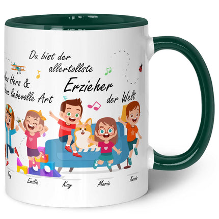 SEO. Bedruckte Tasse mit Spruch Erzieher/in Abschied mit springenden Kindern - Dunkelgrün Linkreich