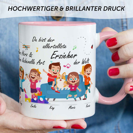 SEO. Bedruckte Tasse mit Spruch Erzieher/in Abschied mit springenden Kindern - Weiß Linkreich