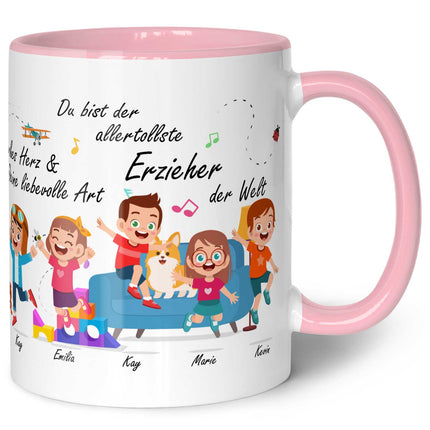 SEO. Bedruckte Tasse mit Spruch Erzieher/in Abschied mit springenden Kindern - Rosa Linkreich