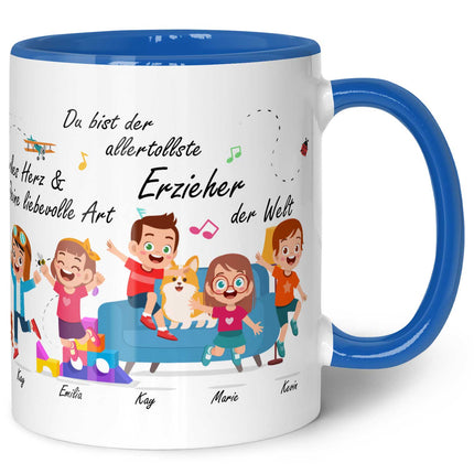 SEO. Bedruckte Tasse mit Spruch Erzieher/in Abschied mit springenden Kindern - Blau Linkreich