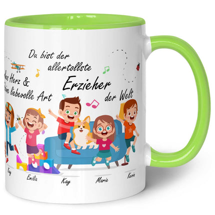 SEO. Bedruckte Tasse mit Spruch Erzieher/in Abschied mit springenden Kindern - Hellgrün Linkreich