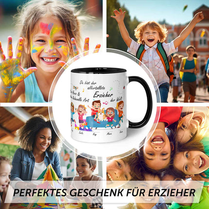 SEO. Bedruckte Tasse mit Spruch Erzieher/in Abschied mit springenden Kindern - Weiß Linkreich