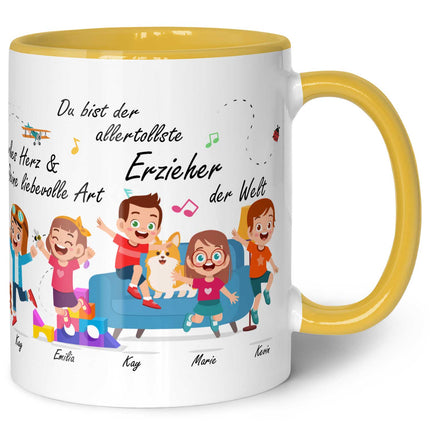 SEO. Bedruckte Tasse mit Spruch Erzieher/in Abschied mit springenden Kindern - Gelb Linkreich
