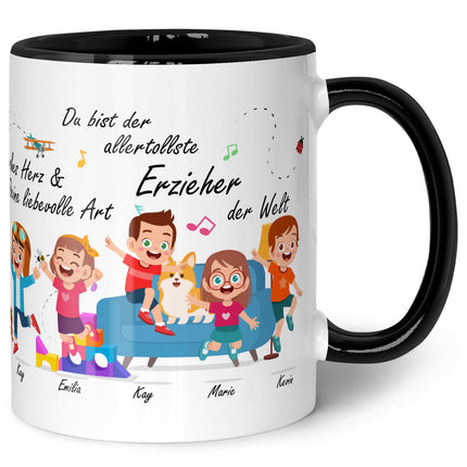SEO. Bedruckte Tasse mit Spruch Erzieher/in Abschied mit springenden Kindern - Schwarz Linkreich
