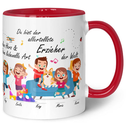 SEO. Bedruckte Tasse mit Spruch Erzieher/in Abschied mit springenden Kindern - Rot Linkreich
