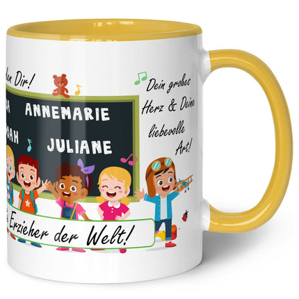 SEO. Bedruckte Tasse mit Spruch Erzieher/in Abschied mit Tafel - Gelb Linkreich