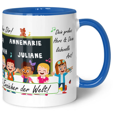 SEO. Bedruckte Tasse mit Spruch Erzieher/in Abschied mit Tafel - Blau Linkreich