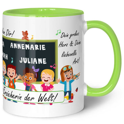SEO. Bedruckte Tasse mit Spruch Erzieher/in Abschied mit Tafel - Hellgrün Linkreich