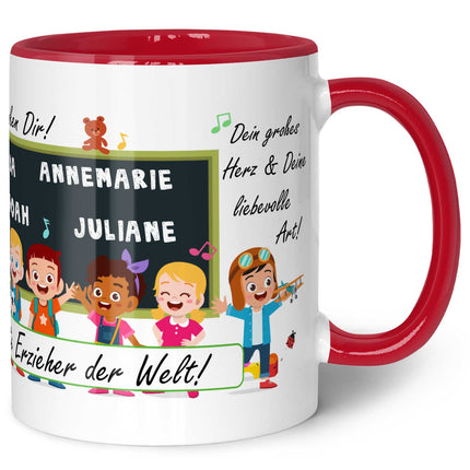 SEO. Bedruckte Tasse mit Spruch Erzieher/in Abschied mit Tafel - Rot Linkreich