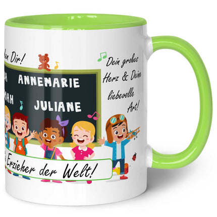 SEO. Bedruckte Tasse mit Spruch Erzieher/in Abschied mit Tafel - Gelb Linkreich