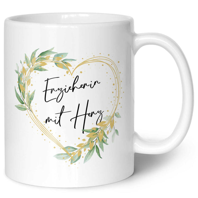SEO. Bedruckte Tasse mit Spruch - Erzieherin mit Herz - Weiß Linkreich