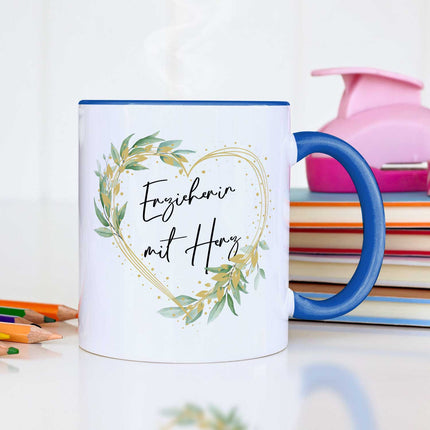 SEO. Bedruckte Tasse mit Spruch - Erzieherin mit Herz - Weiß Linkreich