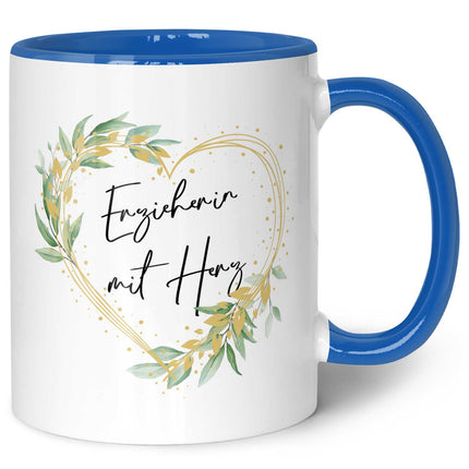 SEO. Bedruckte Tasse mit Spruch - Erzieherin mit Herz - Blau Linkreich