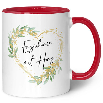 SEO. Bedruckte Tasse mit Spruch - Erzieherin mit Herz - Rot Linkreich