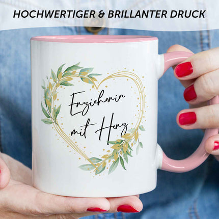 SEO. Bedruckte Tasse mit Spruch - Erzieherin mit Herz - Rot Linkreich