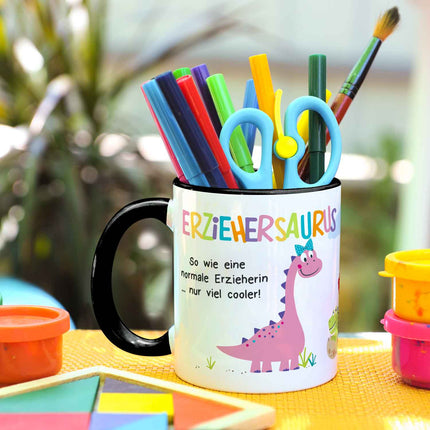 SEO. Bedruckte Tasse mit Spruch "Erziehersaurus" - Erzieherin Schwarz & Weiß Linkreich
