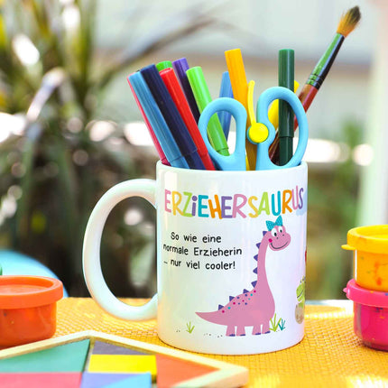 SEO. Bedruckte Tasse mit Spruch "Erziehersaurus" - Erzieherin Weiß Linkreich