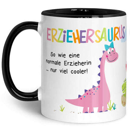 SEO. Bedruckte Tasse mit Spruch "Erziehersaurus" - Erzieherin Schwarz & Weiß Linkreich