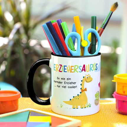 SEO. Bedruckte Tasse mit Spruch "Erziehersaurus" - Erzieher Schwarz & Weiß Linkreich
