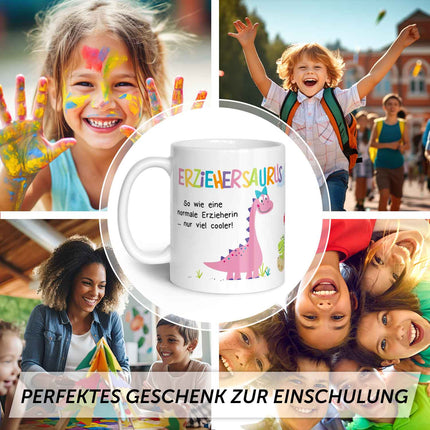 SEO. Bedruckte Tasse mit Spruch "Erziehersaurus" - Erzieherin Weiß Linkreich