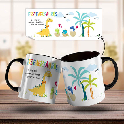 SEO. Bedruckte Tasse mit Spruch "Erziehersaurus" - Erzieher Schwarz & Weiß Linkreich