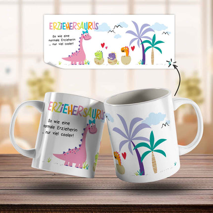 SEO. Bedruckte Tasse mit Spruch "Erziehersaurus" - Erzieherin Weiß Linkreich