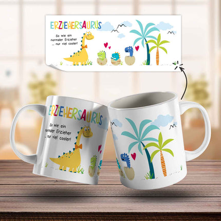 SEO. Bedruckte Tasse mit Spruch "Erziehersaurus" - Erzieher Weiß Linkreich
