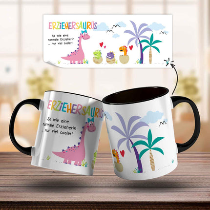 SEO. Bedruckte Tasse mit Spruch "Erziehersaurus" - Erzieherin Schwarz & Weiß Linkreich