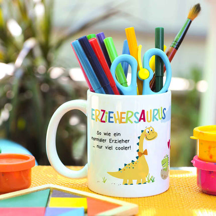 SEO. Bedruckte Tasse mit Spruch "Erziehersaurus" - Erzieher Weiß Linkreich