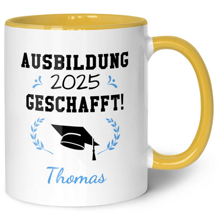 SEO. Bedruckte Tasse mit Spruch - Examen - Personalisiert mit Namen - Gelb Linkreich