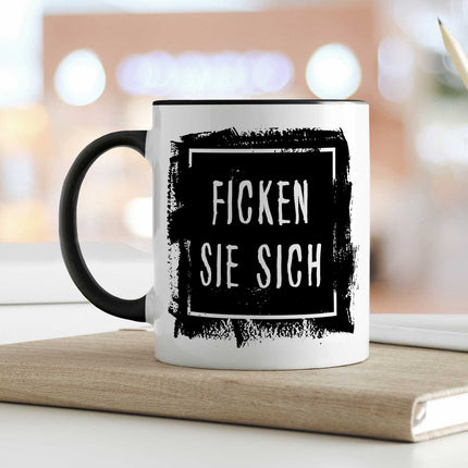 SEO. Bedruckte Tasse mit Spruch - "Ficken Sie sich" - Schwarz & Weiß Linkreich