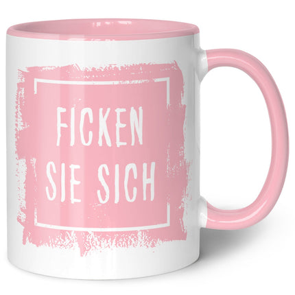 SEO. Bedruckte Tasse mit Spruch - "Ficken Sie sich" - Rosa Linkreich