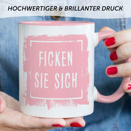 SEO. Bedruckte Tasse mit Spruch - "Ficken Sie sich" - Rosa Linkreich