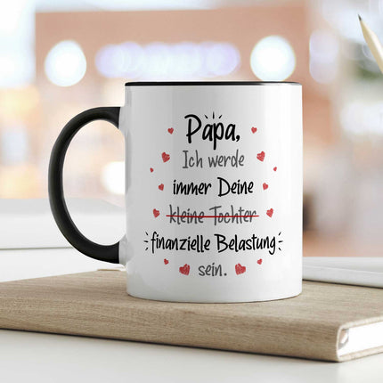 SEO. Bedruckte Tasse mit Spruch Finanzielle Belastung - Papa Tochter - Schwarz & Weiß Linkreich