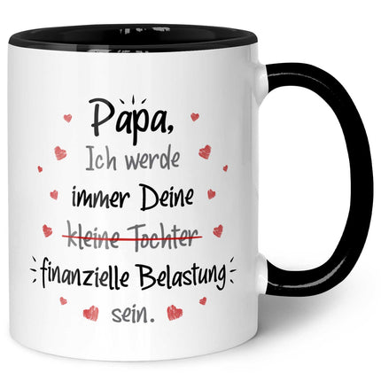 SEO. Bedruckte Tasse mit Spruch Finanzielle Belastung - Papa Tochter - Schwarz & Weiß Linkreich