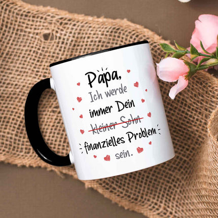 SEO. Bedruckte Tasse mit Spruch Finanzielle Belastung - Papa Sohn - Schwarz & Weiß Linkreich