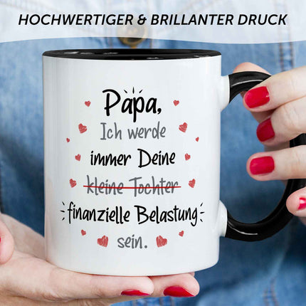 SEO. Bedruckte Tasse mit Spruch Finanzielle Belastung - Papa Tochter - Schwarz & Weiß Linkreich