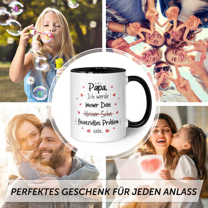 SEO. Bedruckte Tasse mit Spruch Finanzielle Belastung - Papa Sohn - Schwarz & Weiß Linkreich