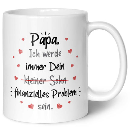 SEO. Bedruckte Tasse mit Spruch Finanzielle Belastung - Papa Sohn - Weiß Linkreich