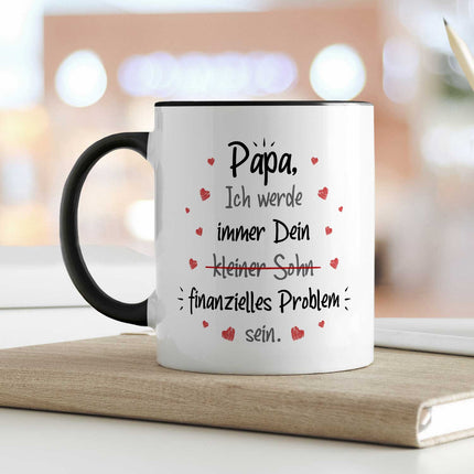 SEO. Bedruckte Tasse mit Spruch Finanzielle Belastung - Papa Sohn - Schwarz & Weiß Linkreich