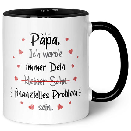 SEO. Bedruckte Tasse mit Spruch Finanzielle Belastung - Papa Sohn - Schwarz & Weiß Linkreich